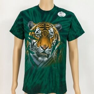 Tiger Graphic Shirt Green Tie Dye Rain Wash‎ Vintage Gildan Heavy Cotton XL Mens
